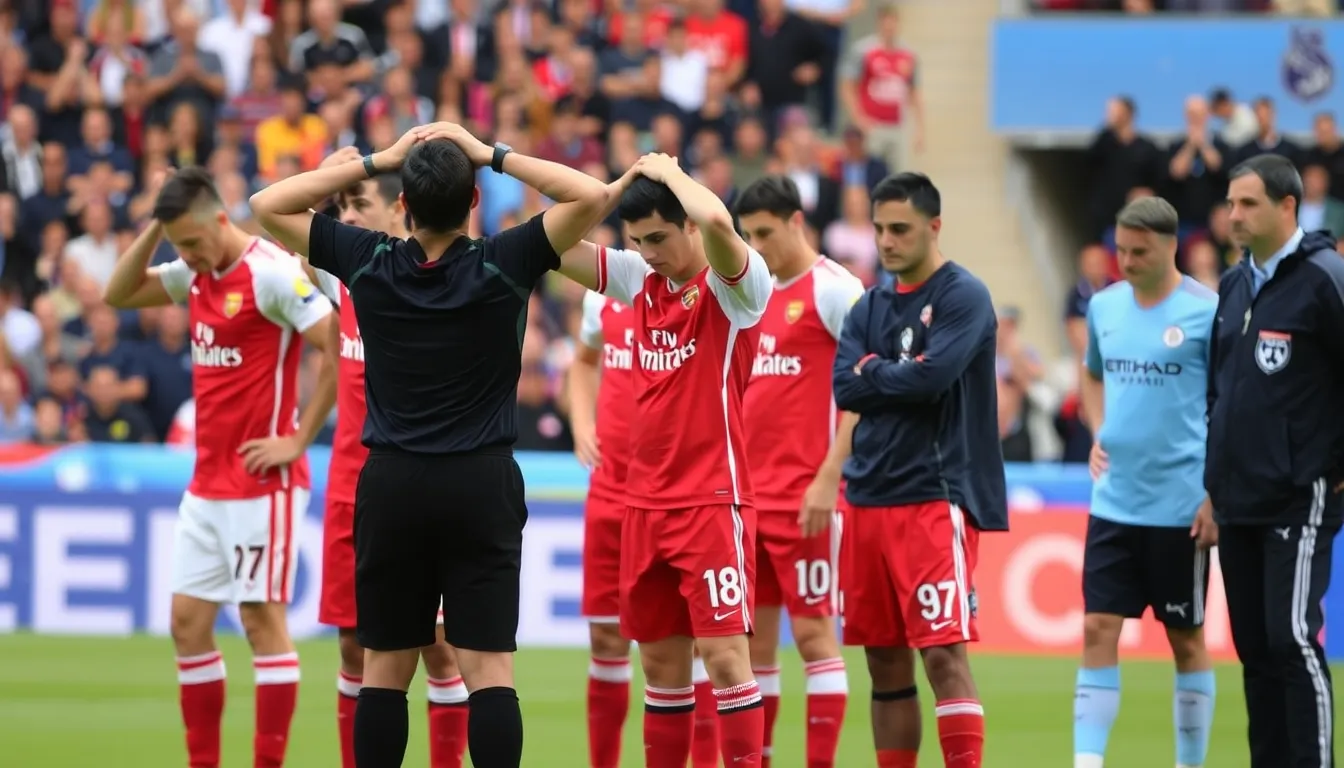 Arsenal's manager strategizing on the sidelines, contemplating the implications of VAR decisions on the team's title aspirations