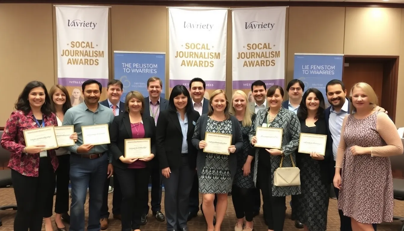 A group of journalists from Variety celebrates their nominations at the SoCal Journalism Awards, showcasing their achievements in the entertainment industry.