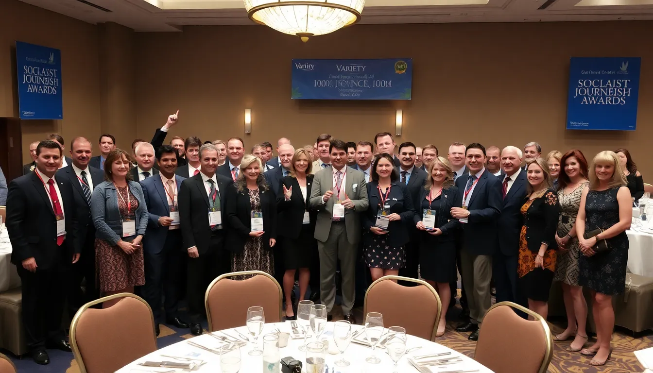 A vibrant gathering of media professionals celebrating the nominations, showcasing the diverse voices and stories that shape public discourse in Southern California