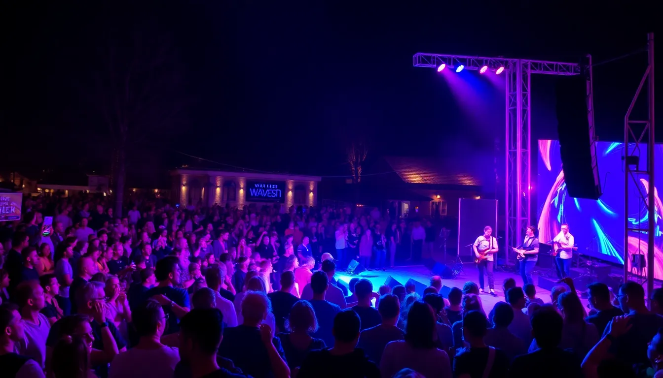 A lively crowd enjoys a performance at the Waves Vienna Festival, surrounded by colorful lights and energetic musicians on stage.