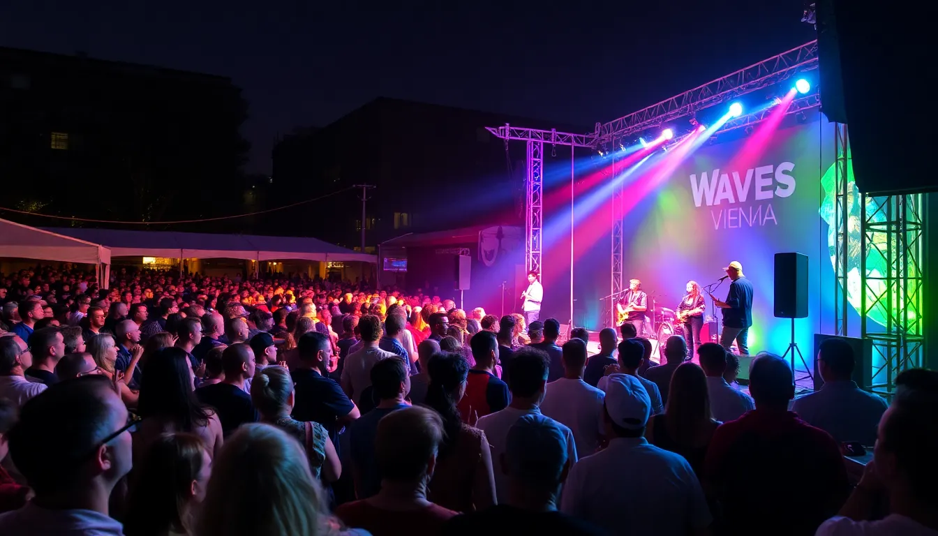 An energetic street scene filled with fans and musicians during a local music event, highlighting the city's cultural richness and artistic expression