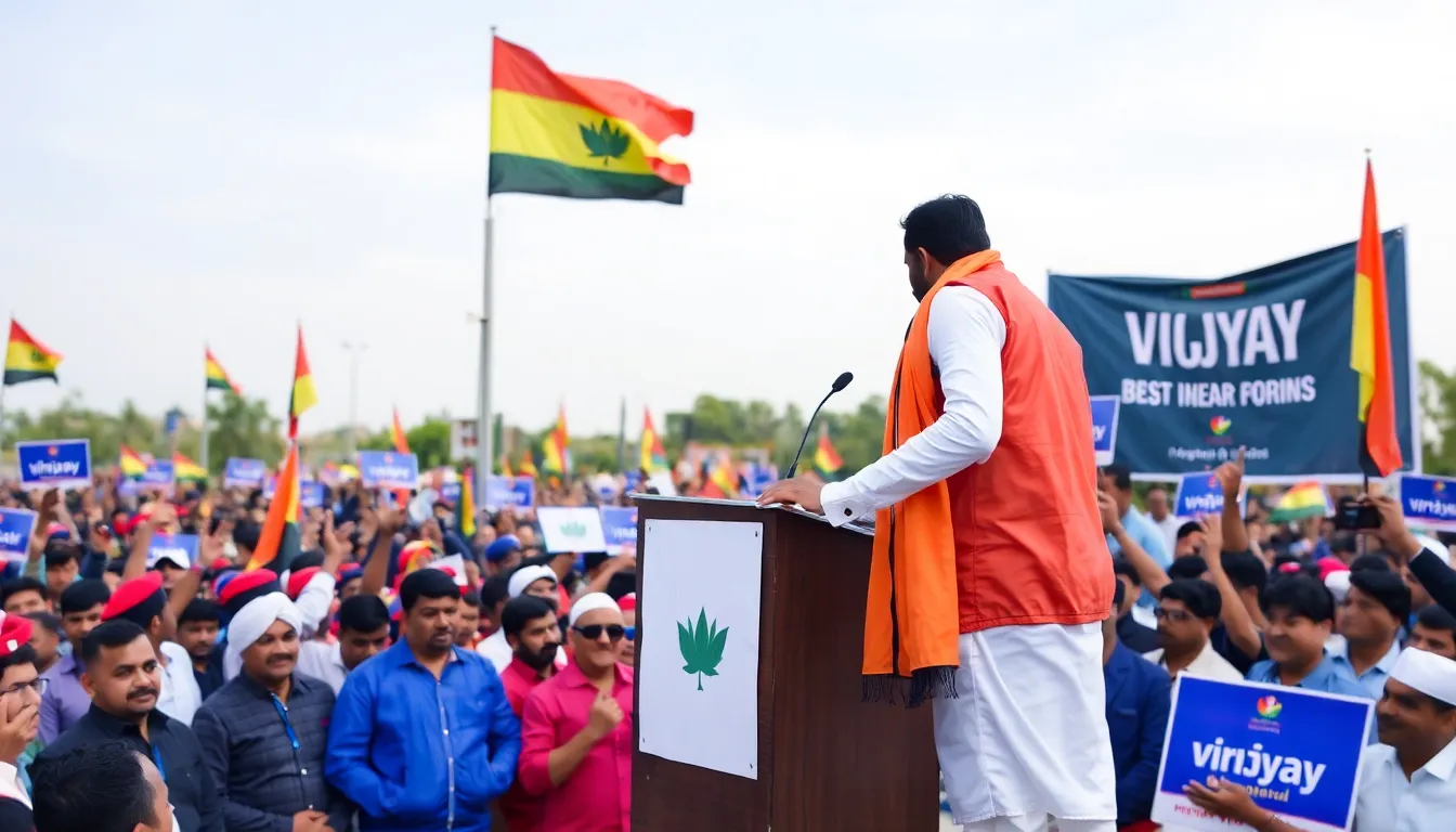Vijay addresses a crowd of enthusiastic supporters at a political rally, showcasing his growing influence as a prominent figure in contemporary Indian politics.