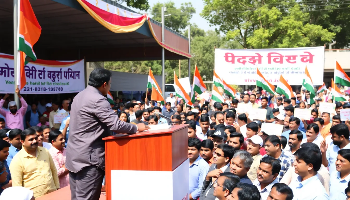 An outdoor event where Vijay speaks to a diverse audience, emphasizing the importance of youth engagement in political discourse and social issues