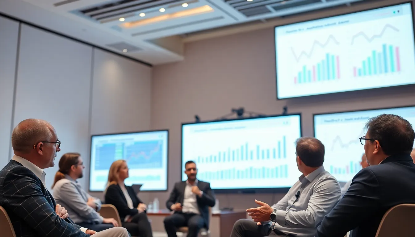 A group of industry analysts discusses the implications of the Warner Bros deal during a conference, with charts and graphs displayed on a large screen behind them.