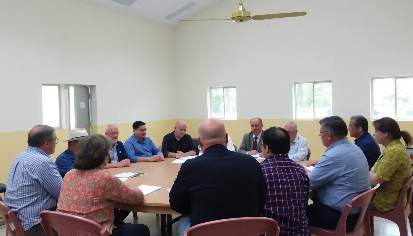 A group of local officials discusses new regulations at a community meeting aimed at addressing the rise in illegal dumping and promoting responsible waste management practices.