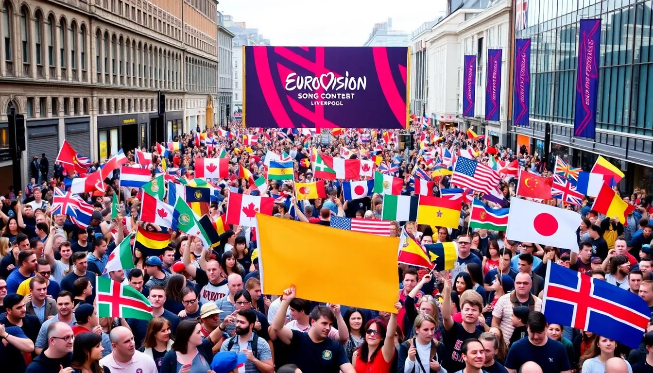 A large crowd gathers in Liverpool's city center, adorned with flags from various countries, as fans eagerly await the start of the Eurovision Song Contest Final.