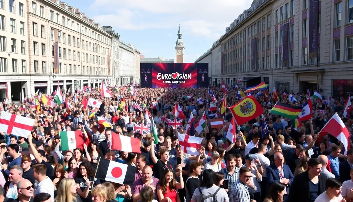 Excited fans dressed in national colors, waving flags and cheering, eagerly anticipating the performances at the Eurovision event