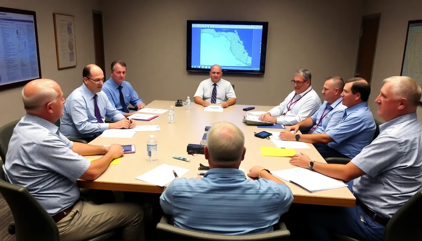 A group of meteorologists and support staff gather in a conference room, discussing strategies to address staffing shortages as the Atlantic hurricane season approaches.