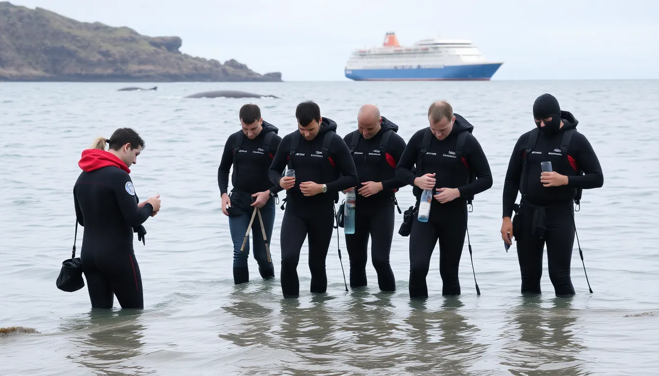 A group of marine biologists conducts research along a coastline, examining the effects of increased ship traffic on local whale populations.