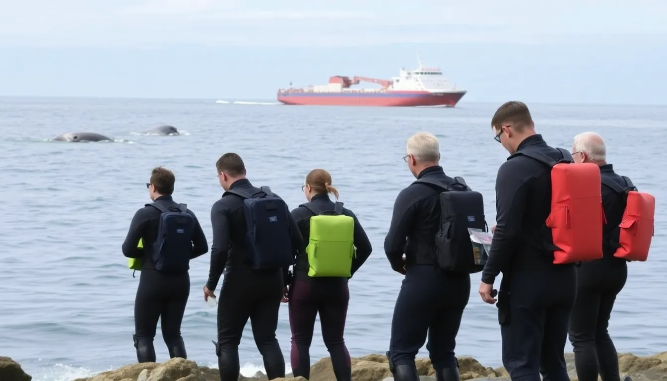 A marine biologist observing whale behavior in a coastal area, emphasizing the importance of research in understanding the effects of noise pollution on these majestic creatures