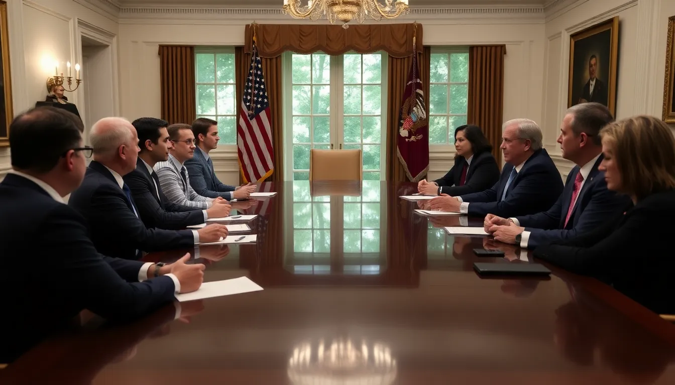 A group of tech leaders and government officials gather around a conference table, engaged in a discussion about the potential regulation of artificial intelligence models at the White House.