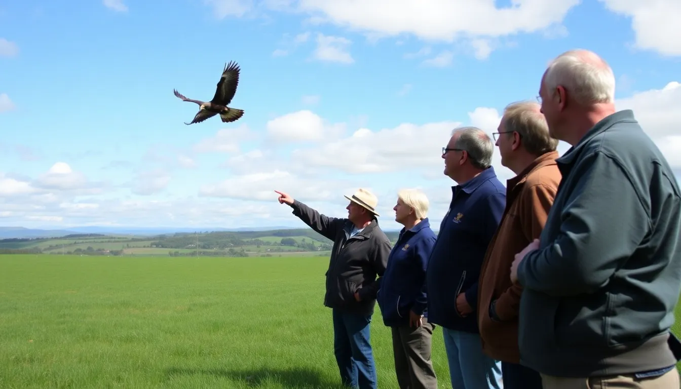 A group of local farmers gathers in a field, discussing their concerns about the upcoming release of Whitetailed eagles in Exmoor, with some pointing towards the sky where the birds are expected to soar.