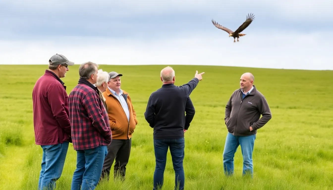 Local farmers discussing strategies to protect their livestock from predators in a picturesque Exmoor farming setting