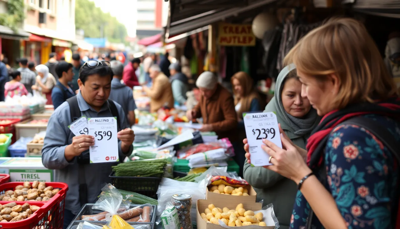 A bustling market scene shows vendors adjusting their prices as customers browse amid rising costs attributed to recent economic disruptions.