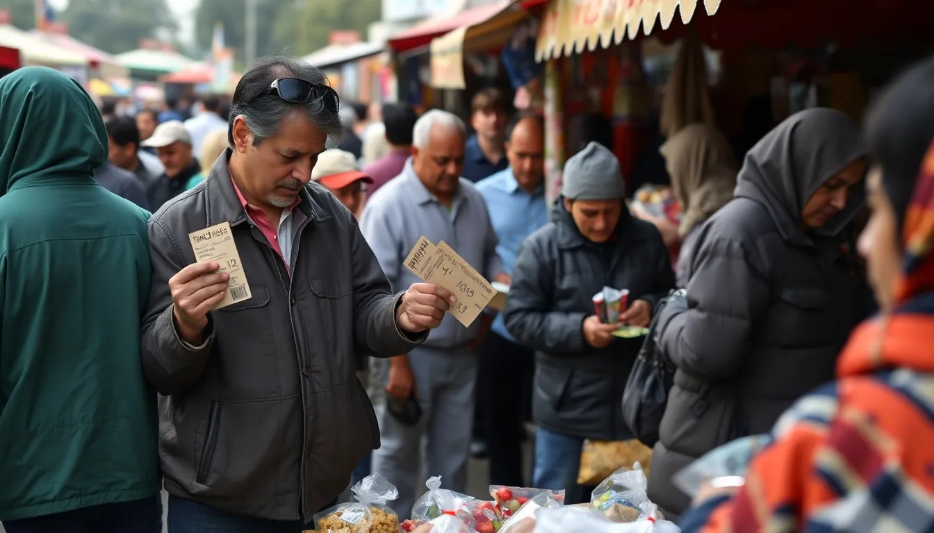 A bustling market scene where consumers are faced with rising prices on essential goods, reflecting the economic strain caused by increased wholesale costs