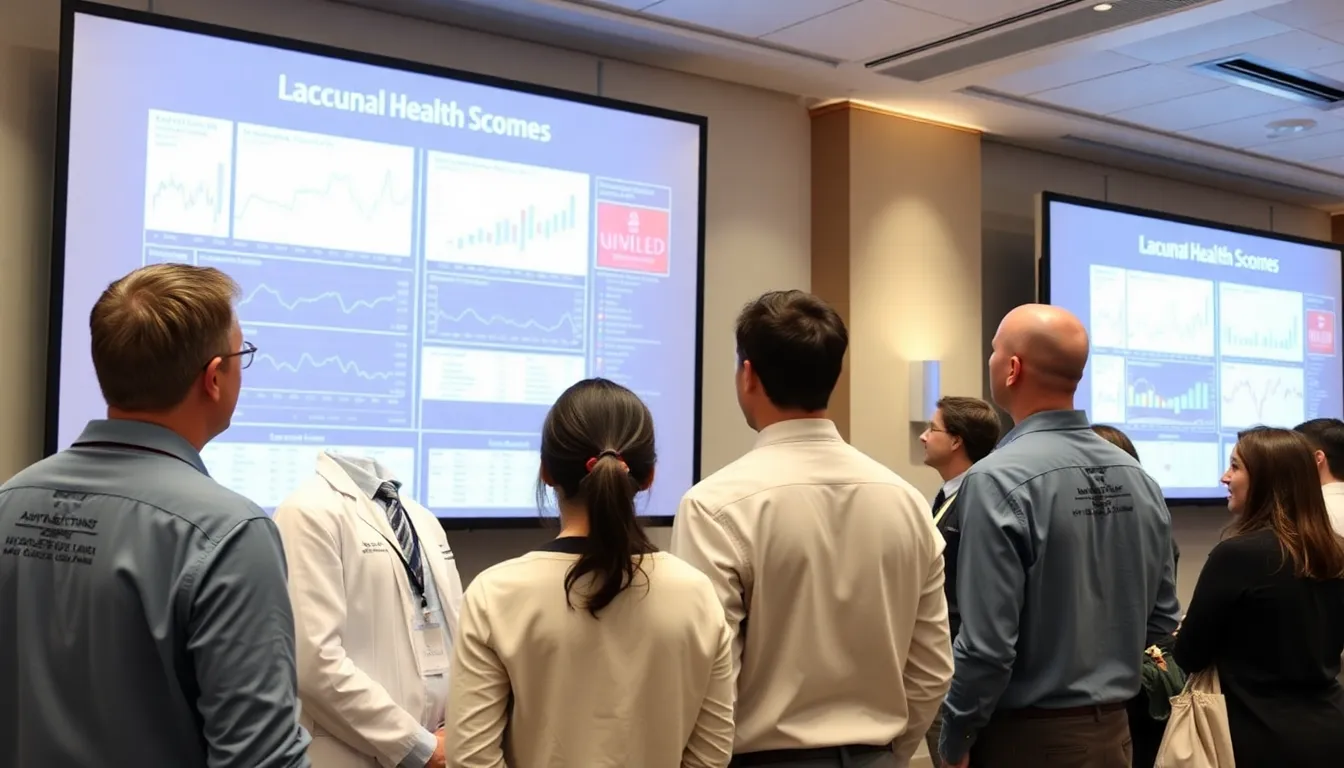 A group of researchers discusses findings on arterial health and lacunar strokes during a medical conference, with charts and data displayed on a screen behind them.