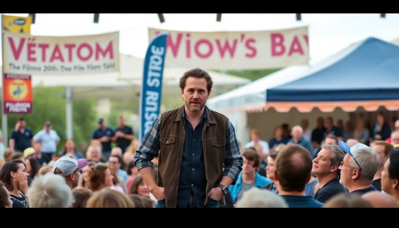 Matthew Rhys stands on stage at a film festival, engaging with the audience as he discusses his new comedyhorror film Widow's Bay, which has sparked lively conversations among attendees.