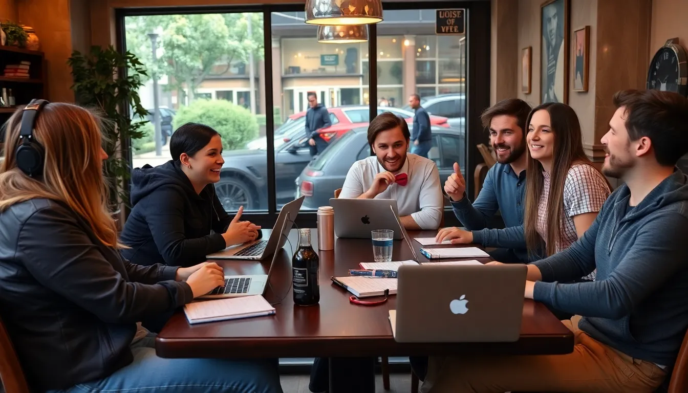 A group of enthusiastic fans gathers in a cozy café, animatedly discussing their theories about the latest twists in the series "The Pitt," with laptops and notebooks spread across the table.