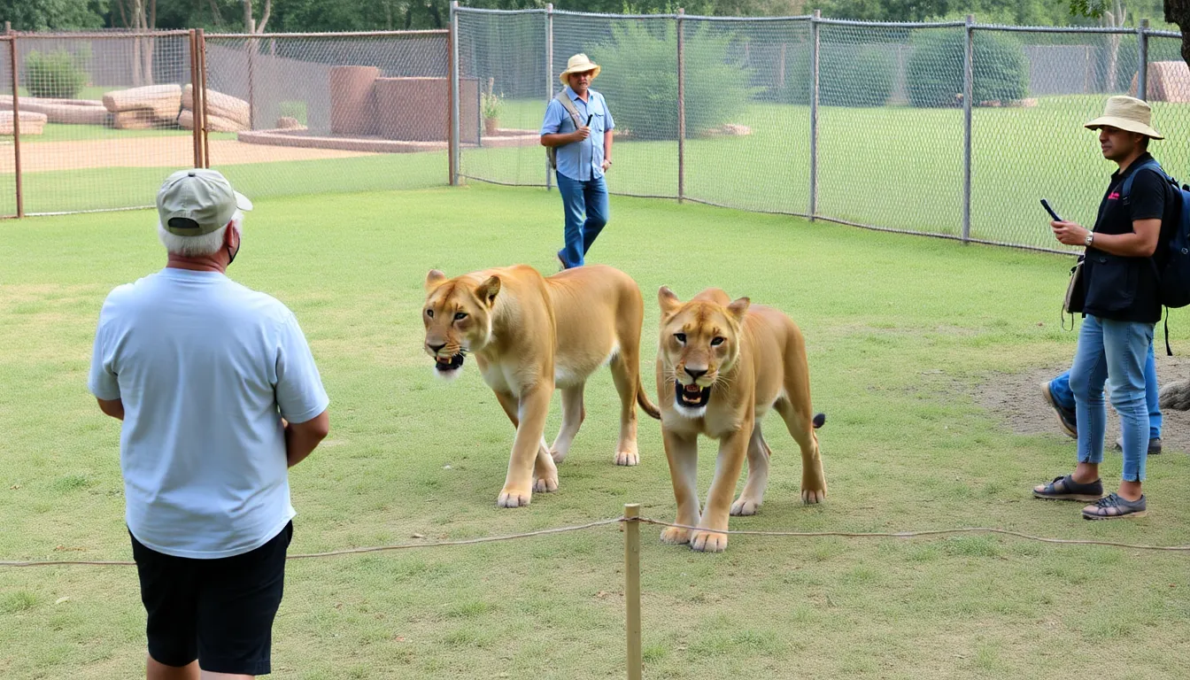 Three male Asiatic lions explore their new habitat at a wildlife park, drawing the attention of visitors eager to learn about conservation efforts for this endangered species.