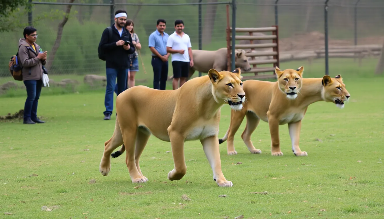 Visitors gather near the lion enclosure, excitedly observing the newly arrived Asiatic lions and learning about conservation efforts in the park