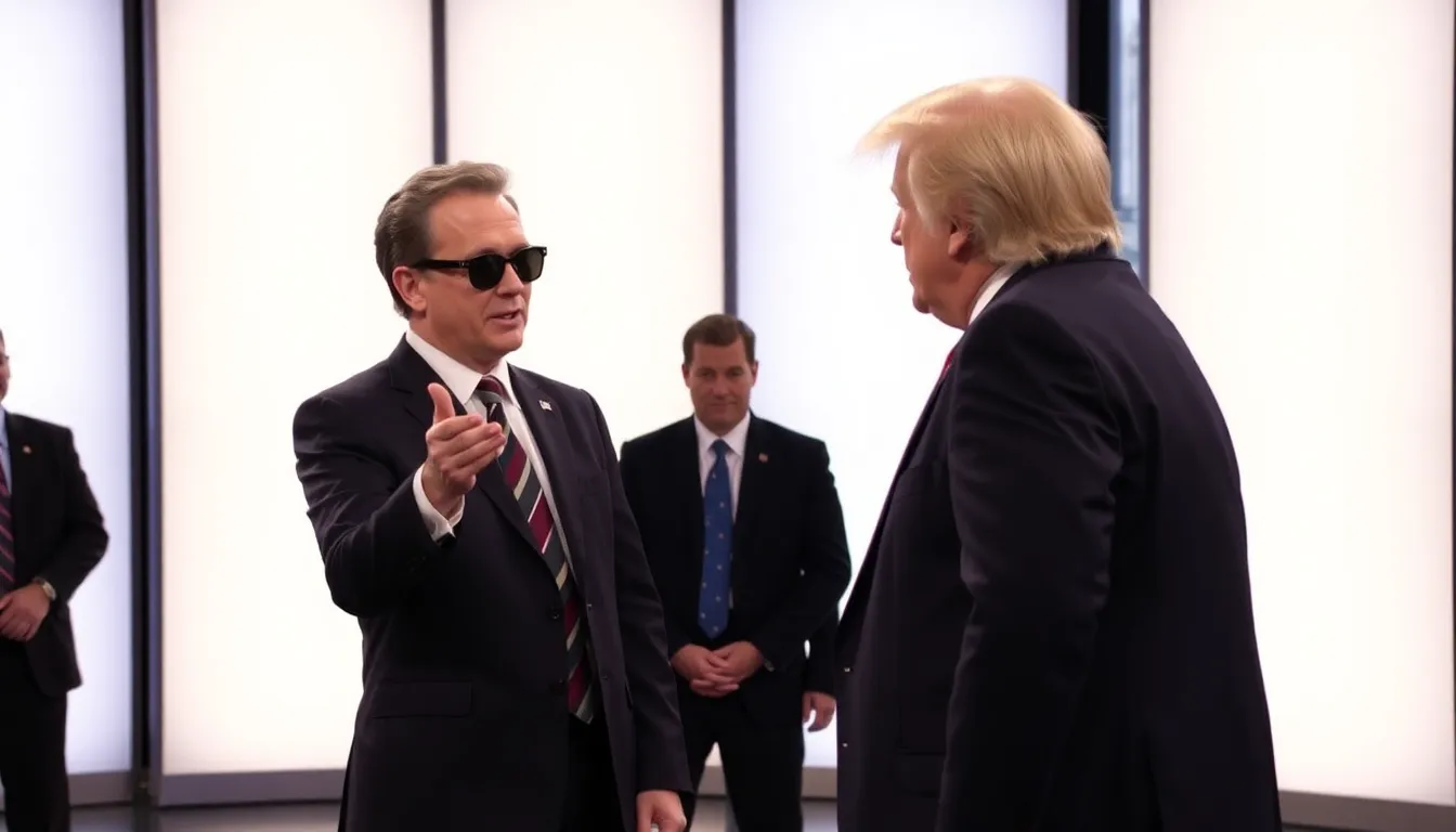 Will Ferrell, dressed as Jeffrey Epstein, confronts a cast member portraying Donald Trump during a sketch on Saturday Night Live, highlighting the controversial ties between the two figures.