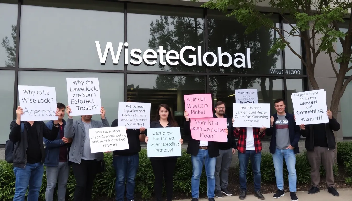 Employees at WiseTech Global gather outside the company's office, expressing concerns over recent layoffs and the lack of communication regarding AI initiatives in messages to their Chinese colleagues.