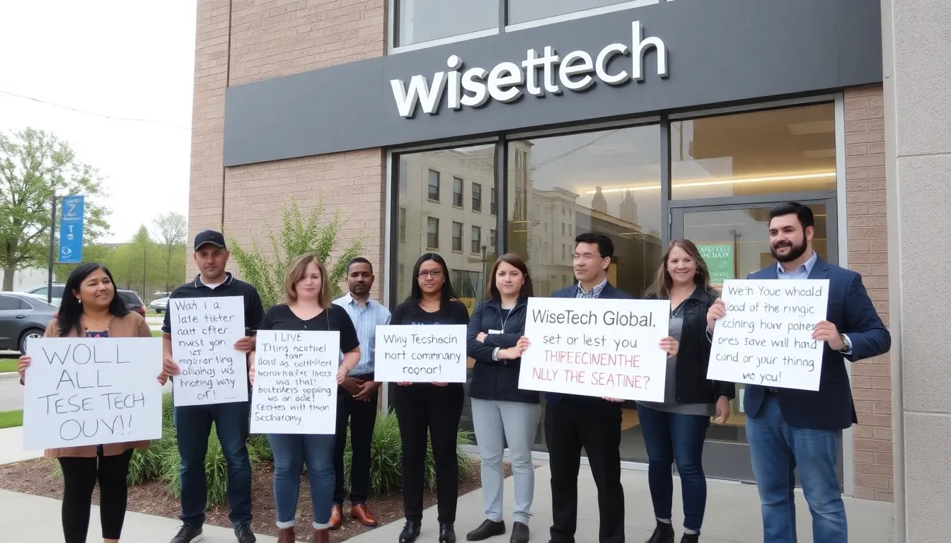 A group of employees gathers around a table, engaging in a serious discussion about the implications of the company's recent layoffs and communication strategies