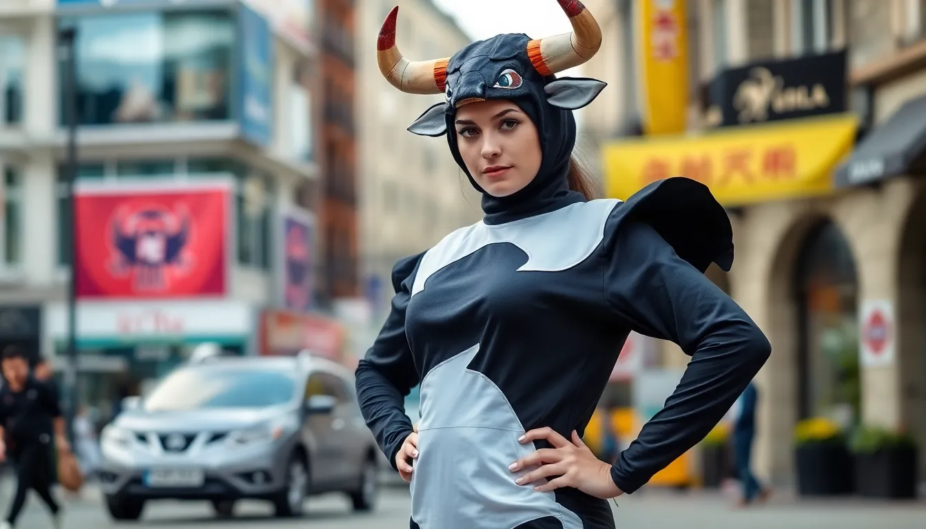A woman confidently poses in a striking bull costume, challenging traditional gender norms and embodying strength and dominance.