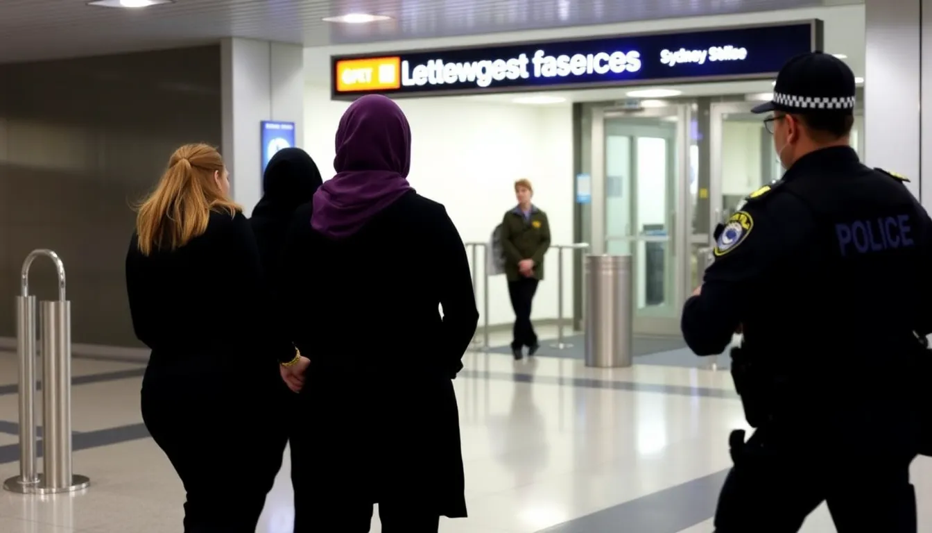 Three women in handcuffs are escorted by police officers at Sydney Airport after being arrested for their alleged links to the Islamic State upon returning from Syria.