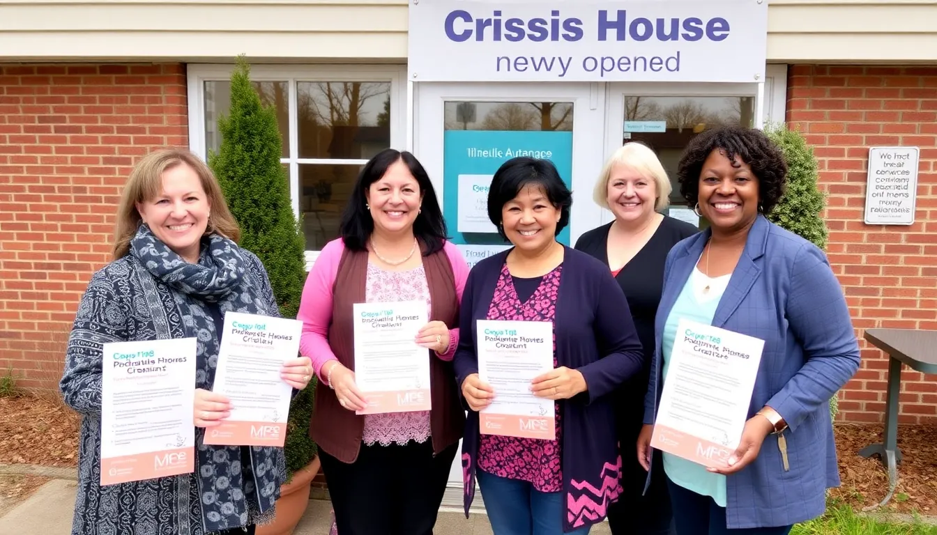A group of women gathers outside the newly opened mental health crisis house, smiling and holding informational brochures about the services offered.