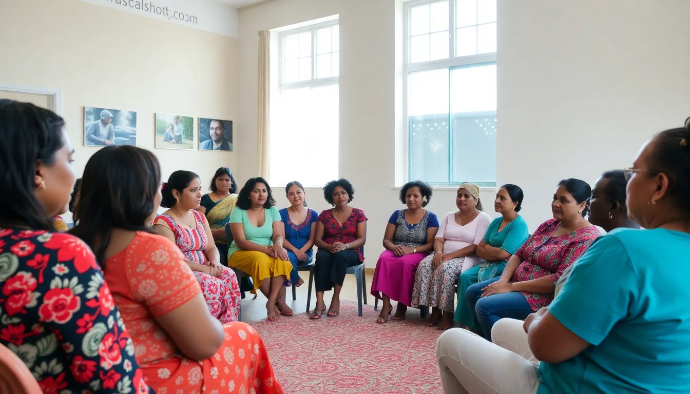 A group of women sits in a circle at a community workshop, engaged in a discussion about sexual health and personal experiences, with a facilitator guiding the conversation.