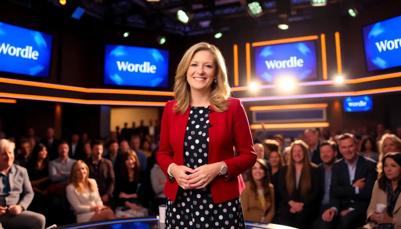 Savannah Guthrie stands on stage, smiling as she prepares to host the new Wordle quiz show, with bright lights and an enthusiastic audience in the background.