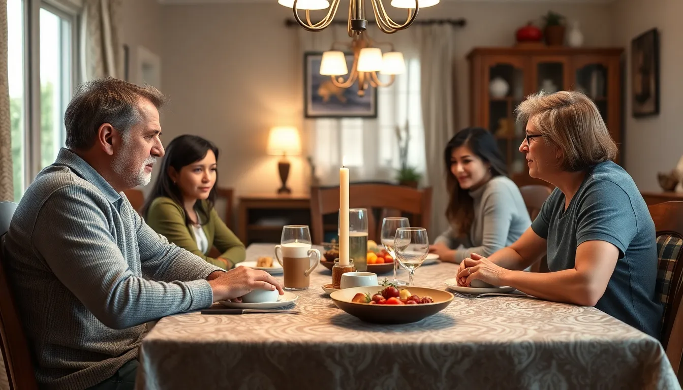 A family gathered around a dining table, visibly engaged in a heartfelt conversation, with expressions reflecting both tension and affection.