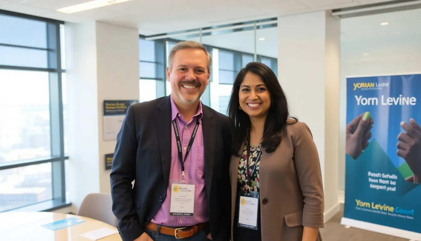 Cary Dobkin and Priya Verma stand together in a conference room at Yorn Levine, smiling as they celebrate their recent promotions to name partners within the firm.