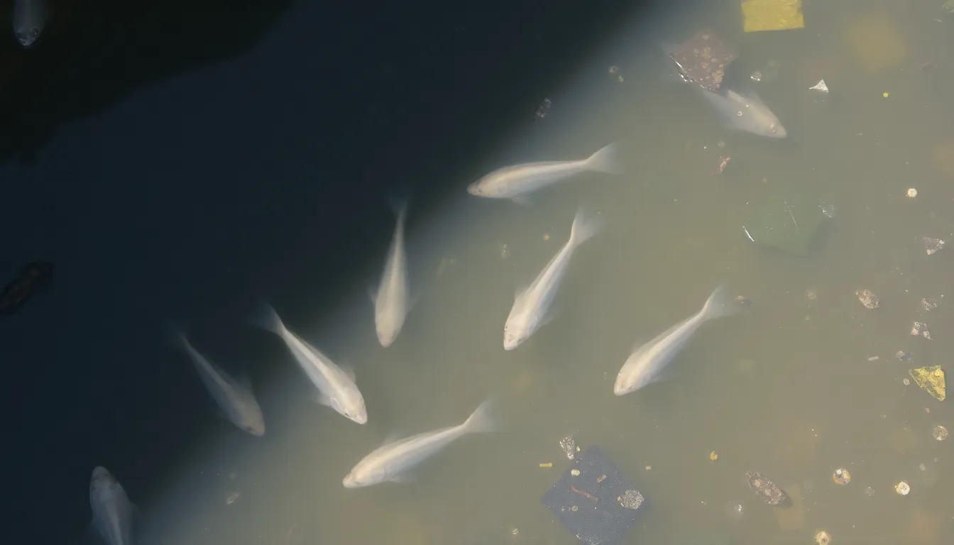 Young fish swim in the murky waters of the River Thames, highlighting the impact of a recent pollution incident that threatens their survival.