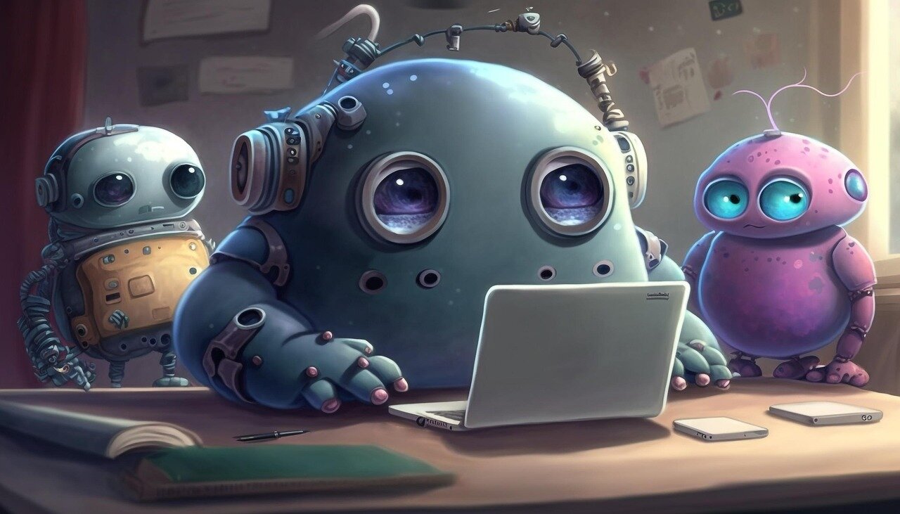 A group of students sits in a classroom, each focused on their laptops as they engage with a chatbot on the screen, while a teacher observes from the front, looking concerned about their reliance on technology for learning.