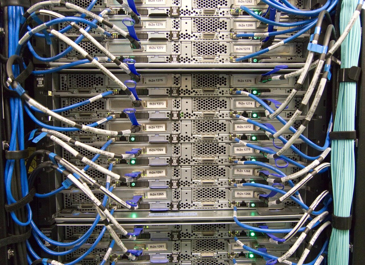A bustling data center facility with rows of servers, highlighting the energyintensive operations required for AI technologies