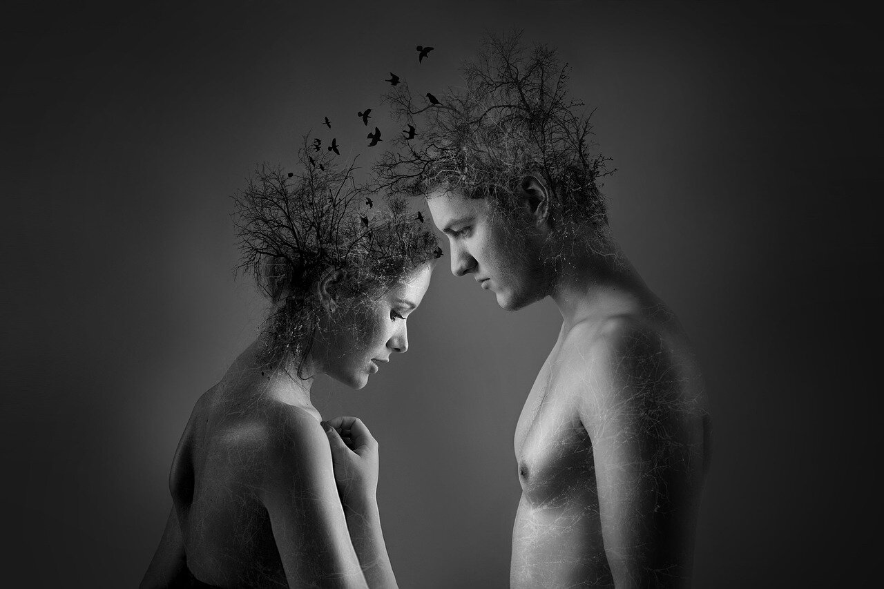 An illustration depicting the ancient myth of soulmates, inspired by Plato's allegory of humans split in half by the gods