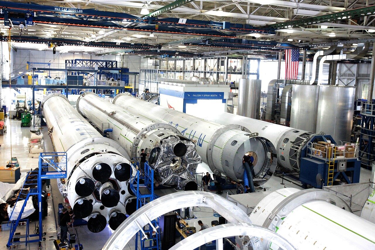 A vibrant cityscape showcasing the economic growth in regions like California, spurred by advancements in the aerospace industry led by companies like SpaceX
