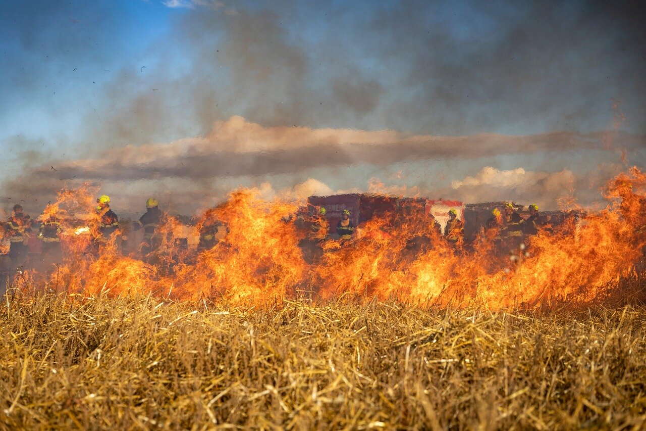 flames engulf a charred landscape with burned trees and destroyed homes in a devastated community affected by the 2025 wildfires.