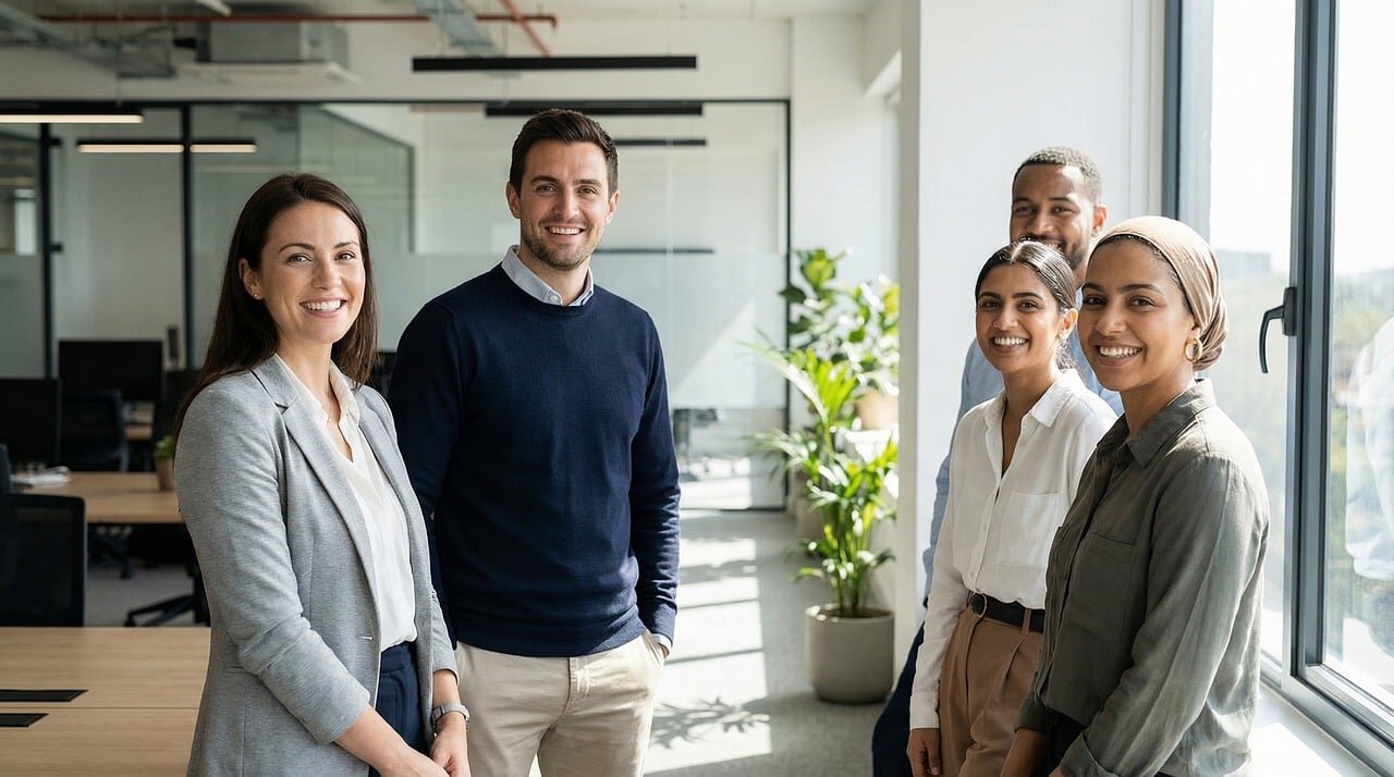 A tech company office environment showcasing employees brainstorming innovative solutions alongside AI systems