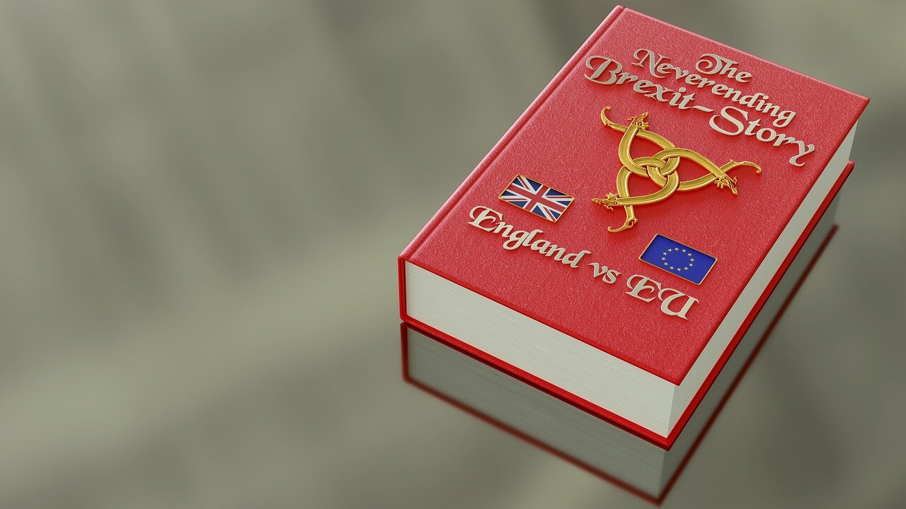 A political leader giving a speech at a podium, addressing the audience about the future implications of Brexit on trade and immigration